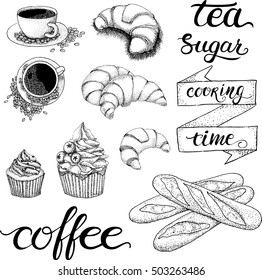 Vector set coffee, croissant, cupcake, baguette 
