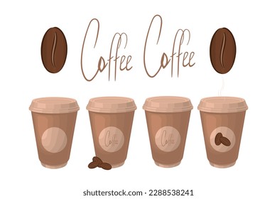 A vector set of coffee cups in brown color, perfect for coffee shop and cafe-related designs. Vector illustration