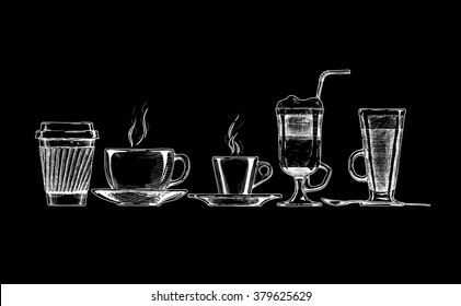 Vector set of coffee cups on black background.