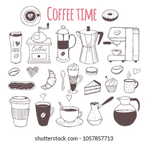 Vector set of coffee design objects. Hand drawing illustration. Coffee time.