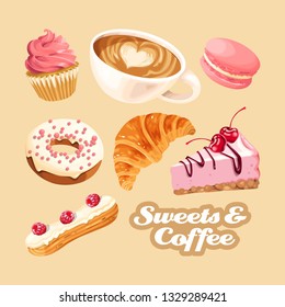 Vector set of coffee and different sweets
