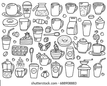 vector set of coffee doodle, doodle coffee background, vector background with coffee elements