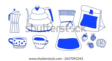 Vector Set of Coffee Doodle Stickers, Trendy Quick sketch. Brew coffee and Berries. Retro Playful isolated elements. Italian style illustration. Drawings for poster. Cute lifestyle. Hand drawn print.