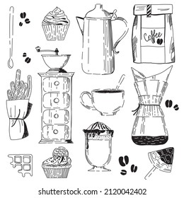 Vector set of coffee in doodle style. Set for designing the menu and the interior of the coffee shop.Teapot, mug, cappuccino, sweets, cakes, spoon, coffee grinder, coffee beans in black and white line