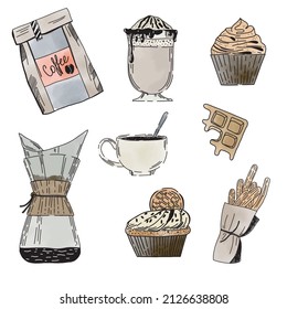 Conjunto vectorial de café en forma de doodle. Diseño del menú y del interior de la cafetería.Tetera, taza, capuchino, dulces, pasteles, cuchara, molinillo de café, granos de café en línea blanca y negra
