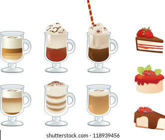 Vector set of coffee drinks and cakes
