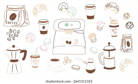 Vector set of coffee drinks and desserts in stroke style