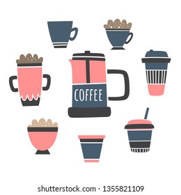 Vector set with coffee drinks and French press. Latte, Americano, espresso, cappuccino, mochaccino. Doodle, hand drawn styles
