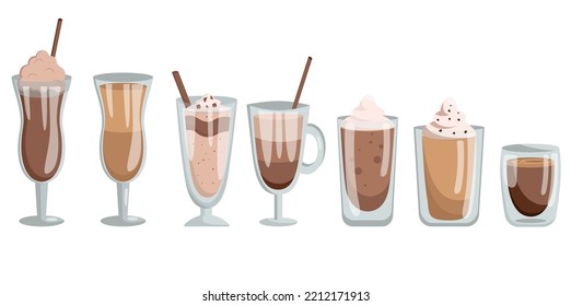 Vector set of coffee flat style. Collection of different coffee drinks. Coffee desserts.