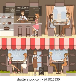 Vector set of coffee horizontal flat banners for business advertising. Service staff barista and waitress serving coffee and desserts to guests sitting at tables. Coffee house interior and exterior.