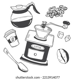 Vector set of coffee icons in doodle style. Coffee grinder, coffee beans, teapot, sugar and spoon.