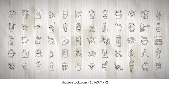 Vector set of coffee icons on white wooden background. Hand drawn coffee icon, vector doodle collection. Morning coffee, logo with cafe, beans, leaves, coffee pots, cups and other accessories