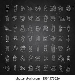 Vector set of coffee icons on black chalk background. Hand drawn coffee icon, vector doodle collection. Morning coffee, logo with cafe, beans, leaves, coffee pots, cups and other accessories