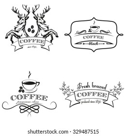 Vector set of coffee labels, design elements, emblems and badges. Isolated logo illustration in vintage style. Templates collection on white background.