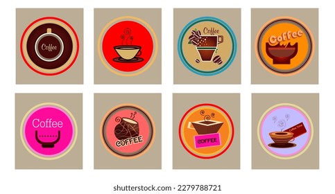 Vector set of coffee labels, template packaging design with coffee cups and text useful for graphic designers or coffee shop menu or restaurants. different set of coffee designs  cups  beans