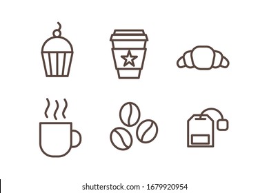 vector set of coffee line icons, coffee beans, cup with a hot invigorating morning drink, fragrant pastries, croissant and muffin, a cupcake with a cherry and a tea bag, a paper cup of cappuccino, eps