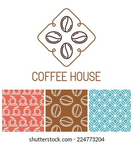 Vector set of coffee logos and icons in outline style - trendy emblems for coffee shops and houses and seamless patterns for package
