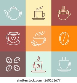 Vector set of coffee logos and icons in outline style - trendy emblems for coffee shops and houses