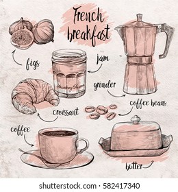 Vector set of coffee maker, cup, jam jar, figs, butter box, croissant and coffee beans on old paper background. French breakfast.