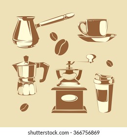 Vector set of coffee making equipment. Cezve, old fashioned manual burr mill coffee grinder, moka pot, turkish manual coffee and pepper grinders, cup coffee