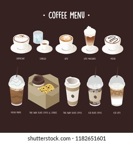 Vector set of coffee menu with a cups of coffee drinks.