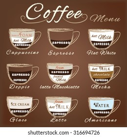 Vector set of coffee menu with a cups of coffee drinks in vintage style. Ingredients coffee: espresso, mocha, macchiato, americano, latte, cappucino, flat white, Glace, dopio