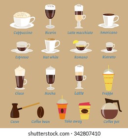 Vector set of coffee menu with a cups of coffee drinks in vintage style. Ingredients coffee: espresso, mocha, macchiato, americano, latte, cappucino, flat white, Glace, romano, ristretto, frappe 