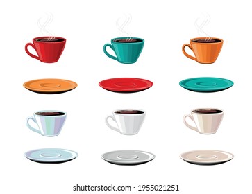 Vector set of coffee mugs and saucers of different colors in a realistic style