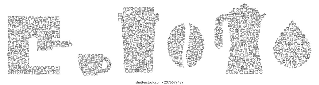 Vector set coffee objects in creative modern style. Silhouette cup, espresso machine, bean, drop, moka pot from simple line icon. Creative minimal concept art. Illustration for design shop, menu.