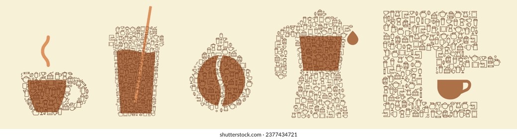 Vector set coffee objects in creative modern style. Silhouette cup, espresso machine, bean, drop, moka pot from simple line icon. Creative minimal concept art. Illustration for design shop, menu.