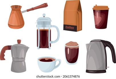 Vector set of coffee on a white background. Illustration of teapot, coffee packaging, turks, french press, glass cup and cup. Stock vector cartoon illustration.