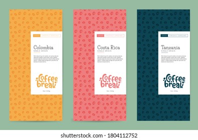 Vector set of coffee packaging design with retro colorful patterns. Great for food packaging design projects, graphics, advertisement, promotional content.