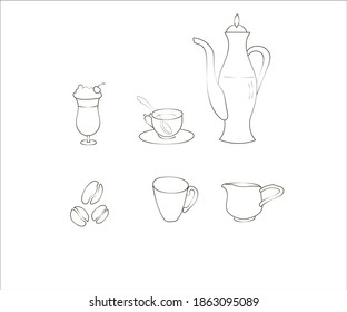 Vector set coffee service and coffee beans in lines