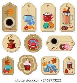 Vector set of coffee shop badges, tags and labels, coffee shop elements template with cups, mugs, tea, cake and croissant