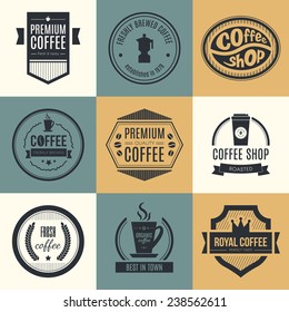 Vector set of coffee shop logos, restaurant or bar logotype design elements with mugs and beans. Ribbons, circle shapes, lables, insignias with coffee related elements. 