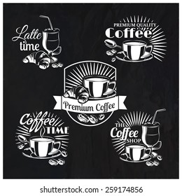 Vector set of coffee shop logos and text symbols on a chalkboard background for your design