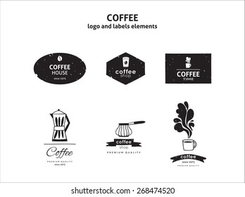 Vector set of coffee shop logos, coffee design elements with mugs and beans.