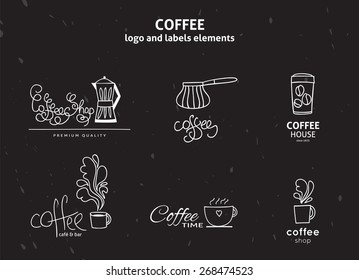 Vector set of coffee shop logos, coffee design elements with mugs and beans.