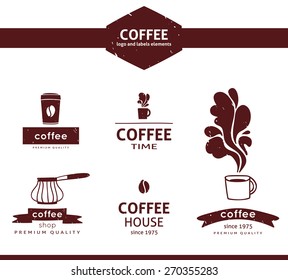 Vector set of coffee shop logos, coffee design elements with mugs and beans.