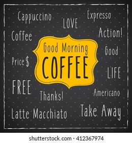 Vector set of coffee shop sketches and text symbols on a chalkboard background. Vector illustration