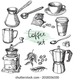 vector set of coffee sketch, freehand drawing, cup, coffee grinder, grains and other items