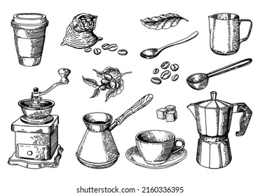 vector set of coffee sketch, freehand drawing, cup, coffee grinder, grains and other items