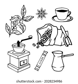 Vector set of coffee stuff clipart. Tasty illustration for design. Hand drawn prints and doodle.