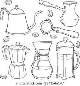 Vector set of coffee stuff clipart. Tasty illustration for design. Hand drawn doodle. line vector set 