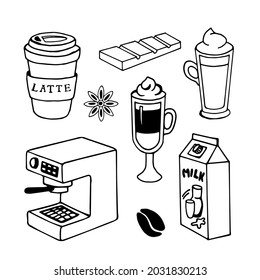 Vector set of coffee stuff. Tasty illustration for design. Hand drawn prints and doodle.