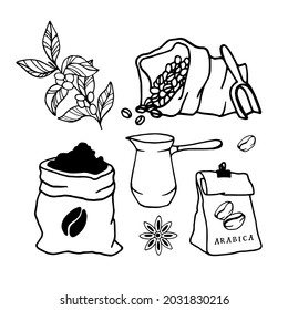 Vector set of coffee stuff. Tasty illustration for design. Hand drawn prints and doodle.