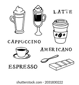 Vector set of coffee stuff. Tasty illustration for design. Hand drawn prints and doodle.