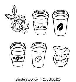Vector set of coffee stuff. Tasty illustration for design. Hand drawn prints and doodle.