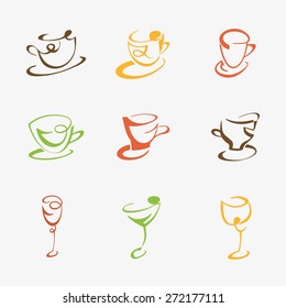 Vector set of coffee, tea and alcoholic drinks design elements.