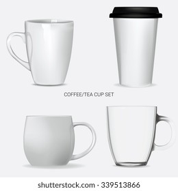 Conjunto vectorial de café y té, taza. Realista, aislado en blanco. Listo para el diseño